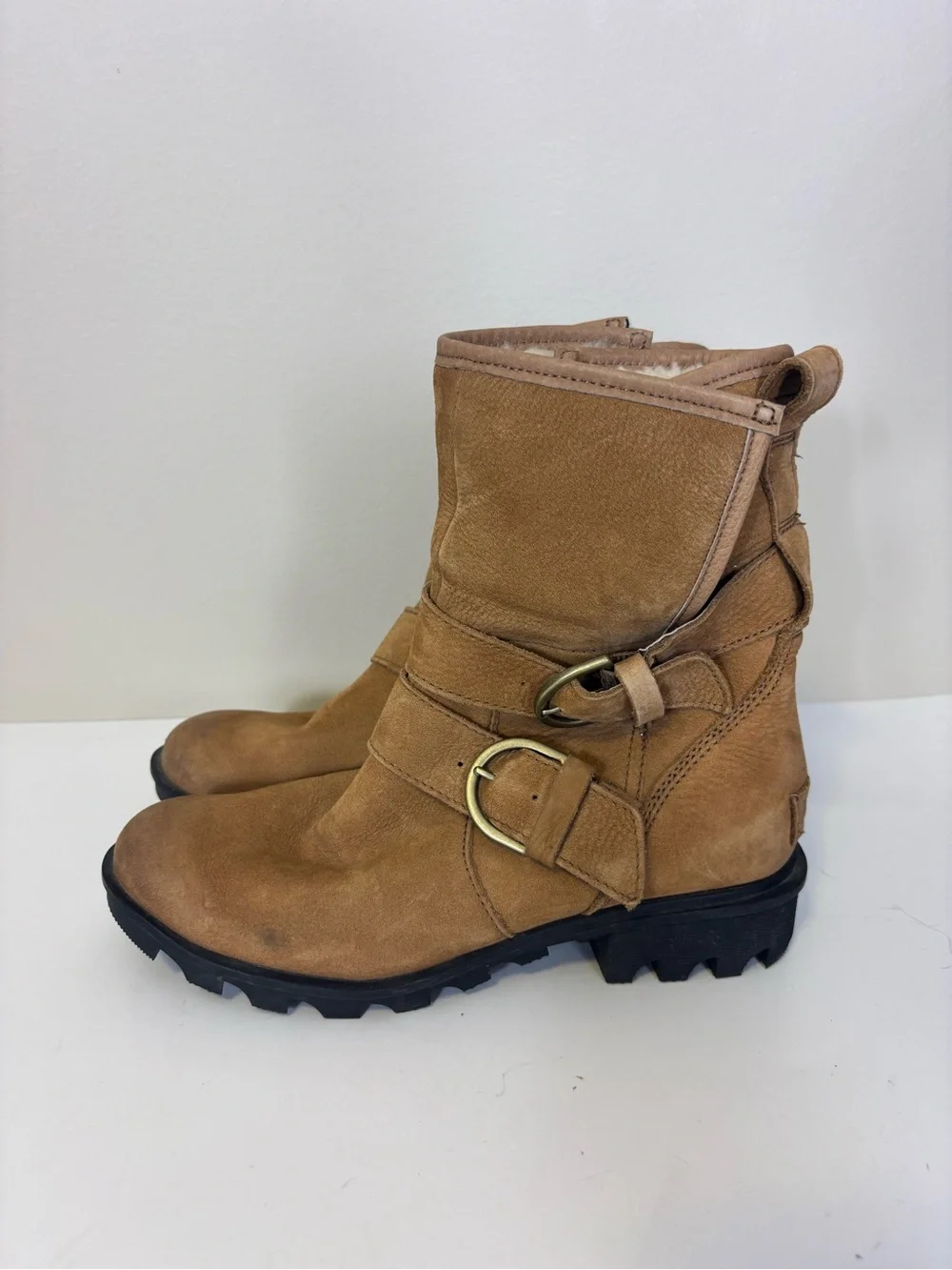 Sorel Tan Suede Buckle Combat-Style Fur Lined Mid Calf Boots Women’s 7